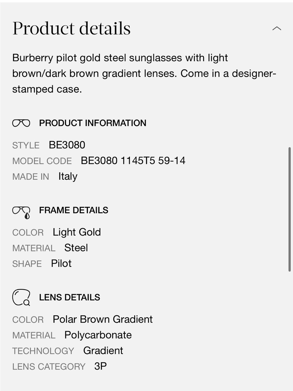 Burberry Gold Aviator BE3080 Sunglasses with Brown Gradient Polarized Lenses - Picture 2 of 6